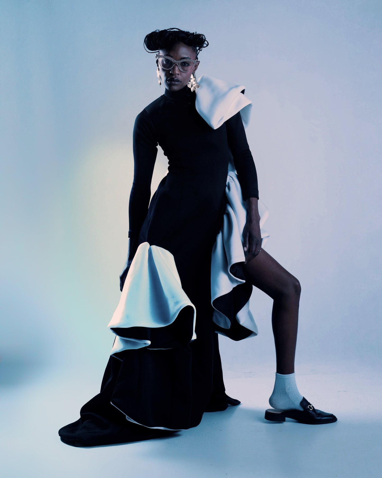 One-of-a-Kind Black & White Evening Gown with Dramatic Frills