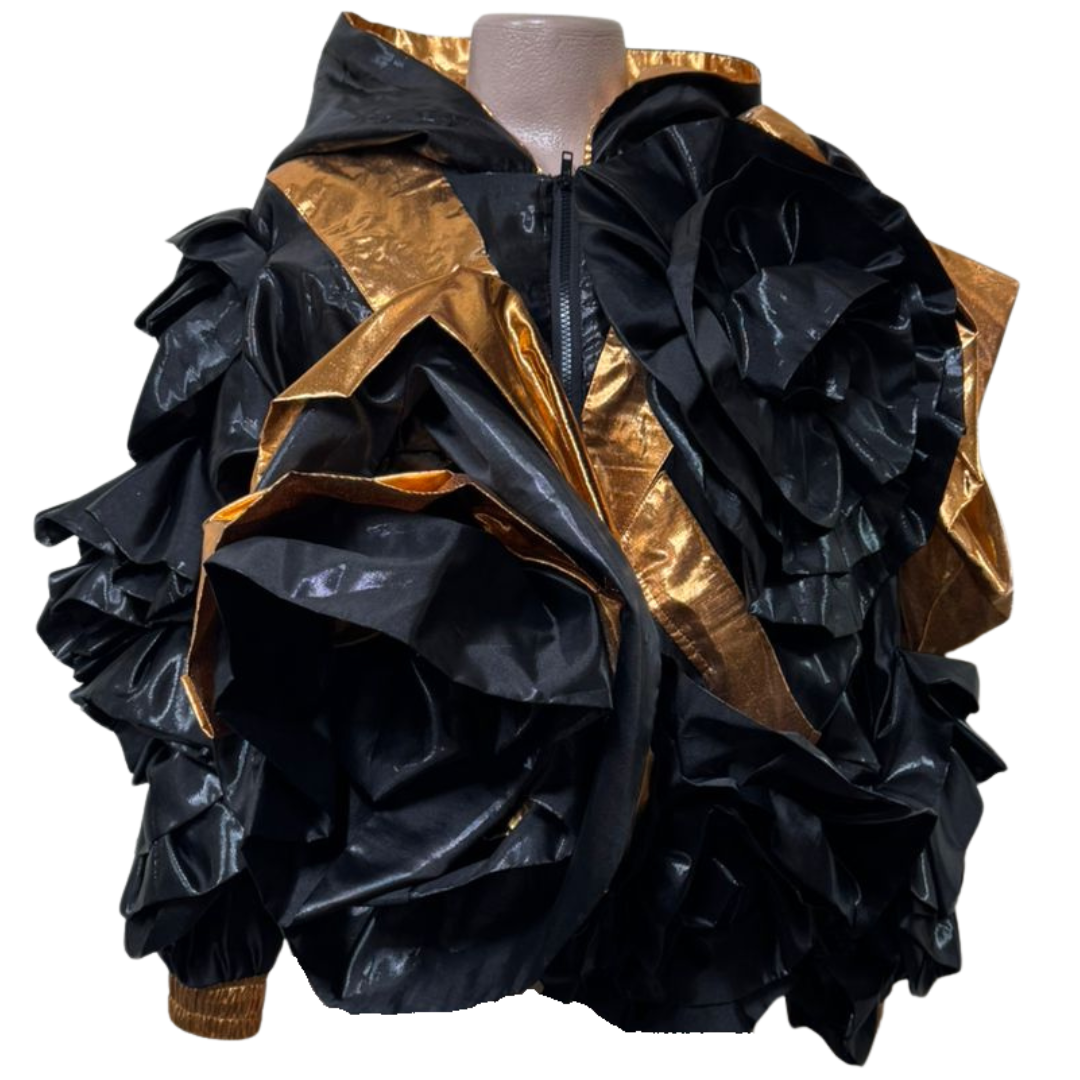 Black & Gold 3D Floral Statement Jacket – Couture Drama Meets Modern Edge