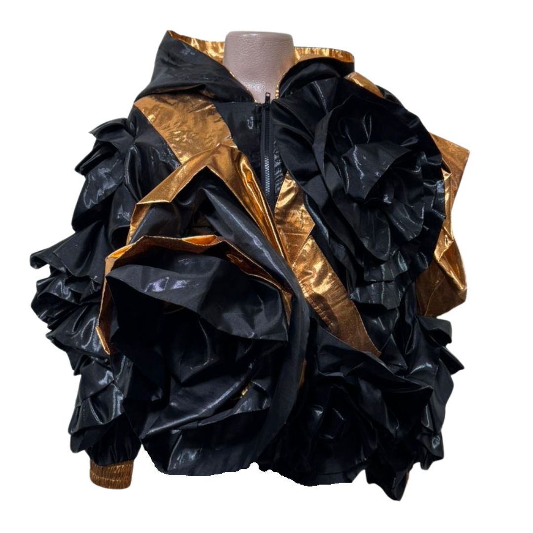 Black & Gold 3D Floral Statement Jacket – Couture Drama Meets Modern Edge
