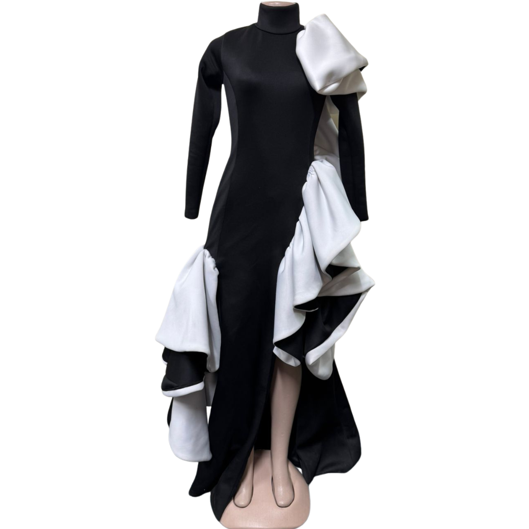 One-of-a-Kind Black & White Evening Gown with Dramatic Frills