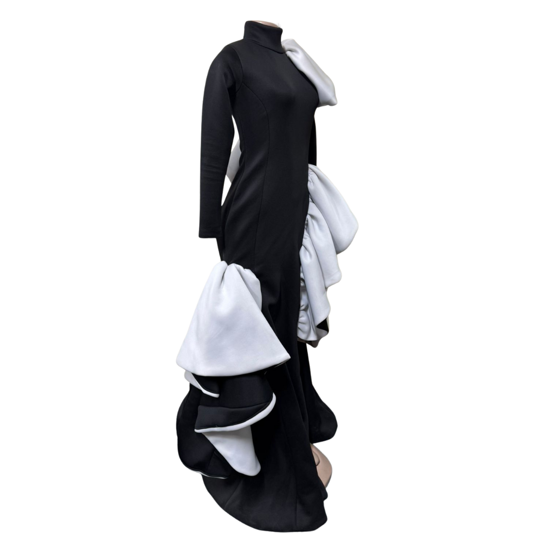 One-of-a-Kind Black & White Evening Gown with Dramatic Frills