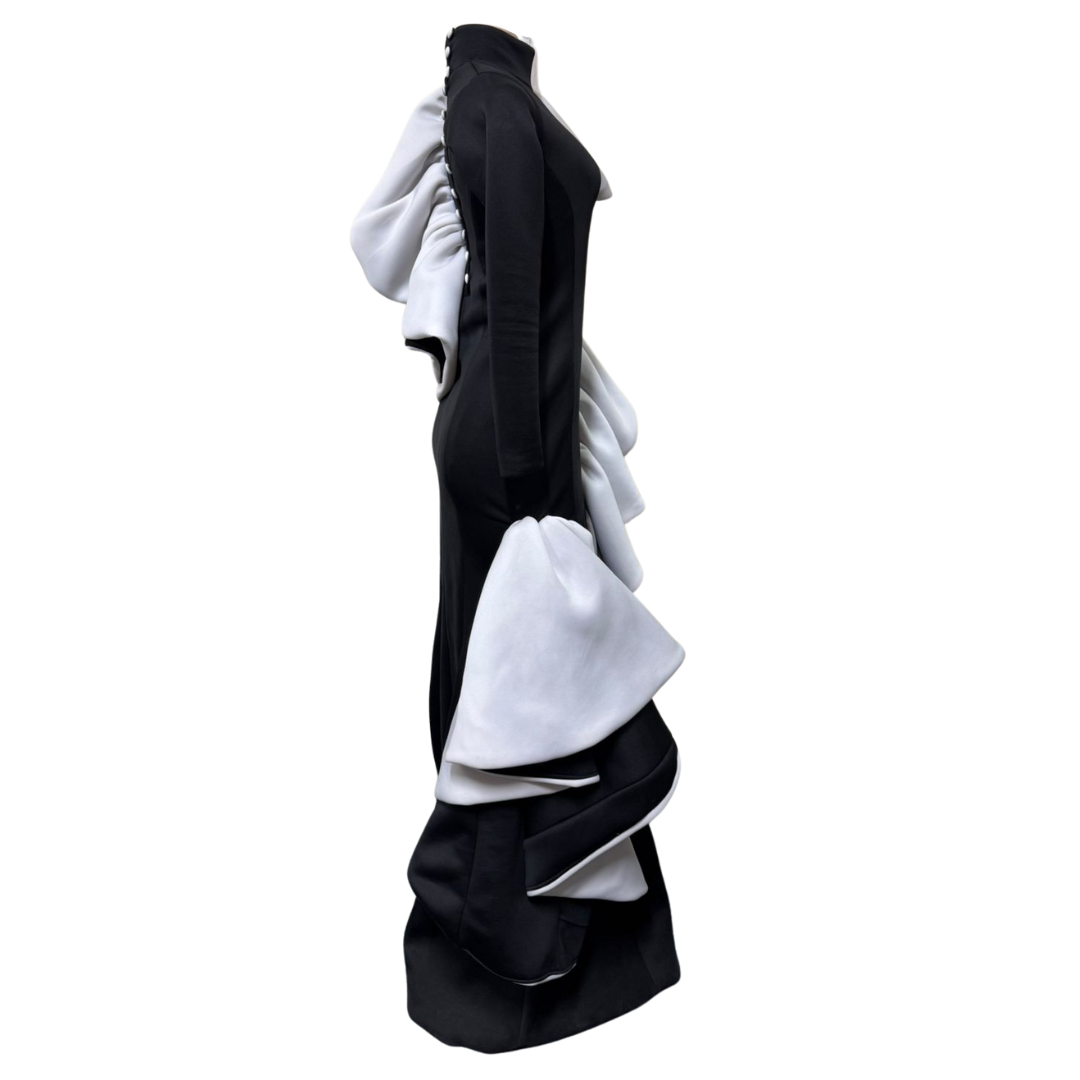 One-of-a-Kind Black & White Evening Gown with Dramatic Frills