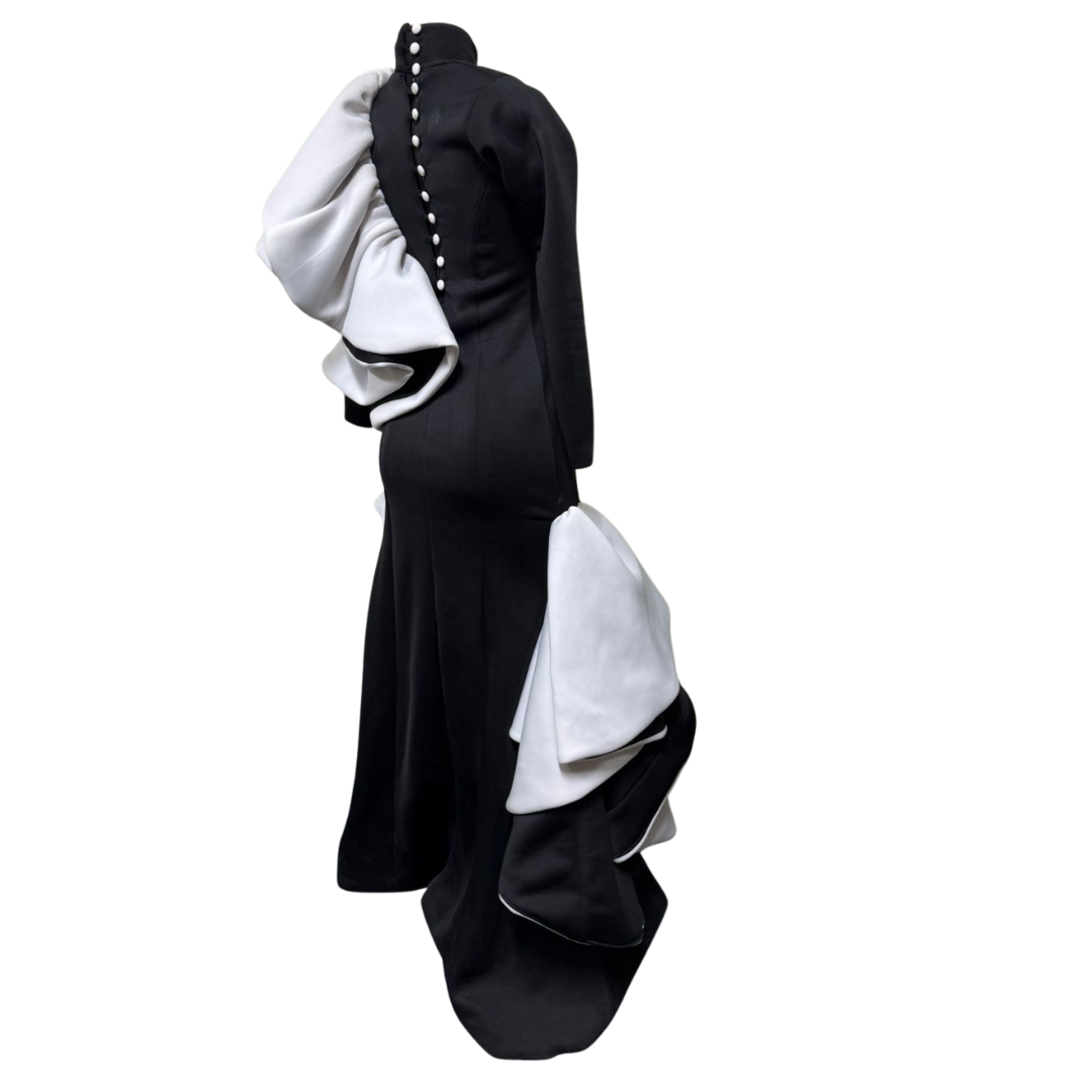 One-of-a-Kind Black & White Evening Gown with Dramatic Frills