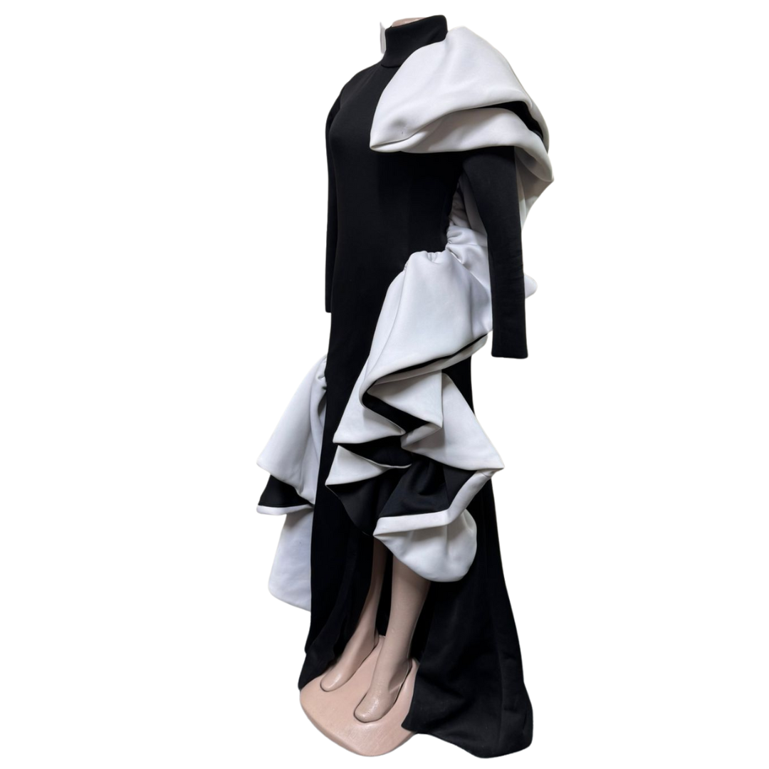 One-of-a-Kind Black & White Evening Gown with Dramatic Frills