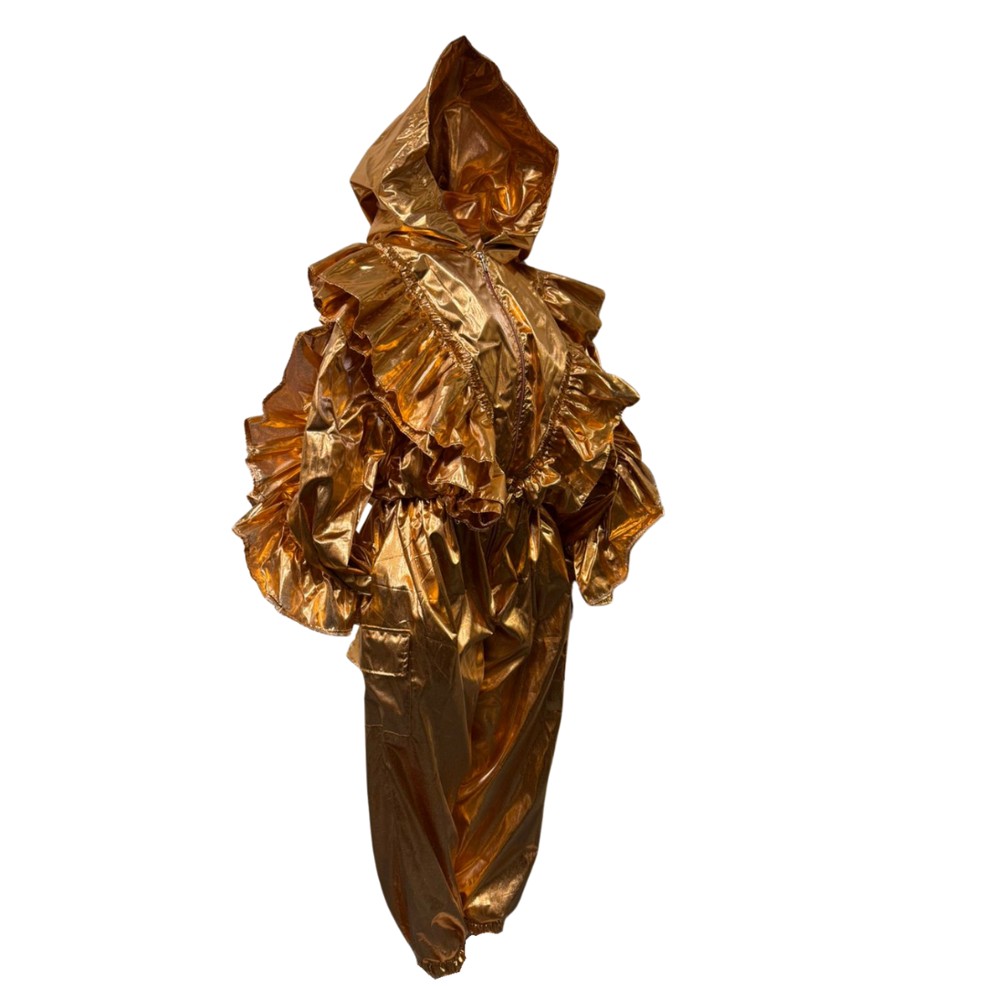 Metallic Gold Statement Frill Jumpsuit – Bold, Glamorous, Unforgettable