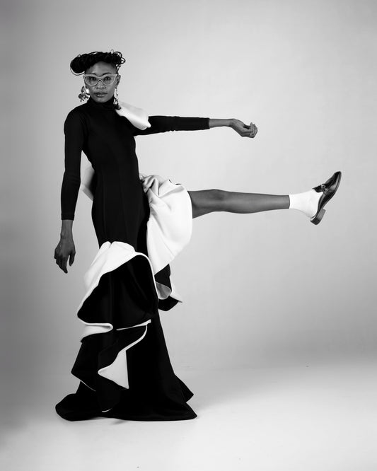 One-of-a-Kind Black & White Evening Gown with Dramatic Frills
