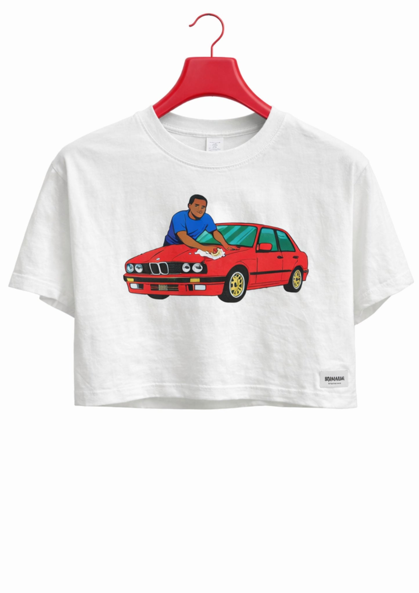 alt="white Carwash e30 325is BMW graphic tee designer streetwear crop top South Africa Brad & Abiah AMEN"