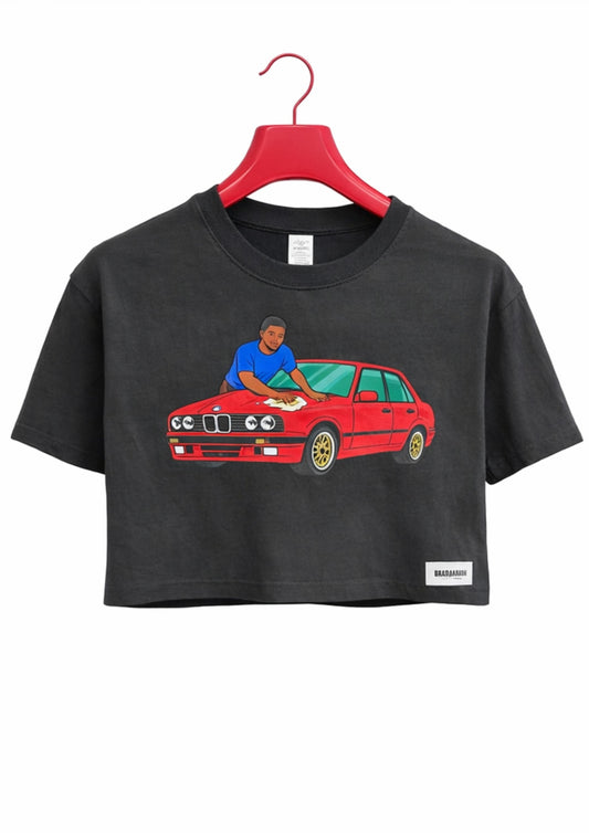 alt="Black Carwash e30 325is BMW graphic tee designer streetwear crop top South Africa Brad & Abiah AMEN"