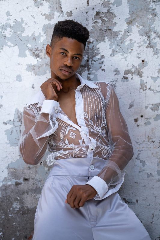 White Sheer Bedazzled Shirt – Daring Elegance with Sparkling Detail