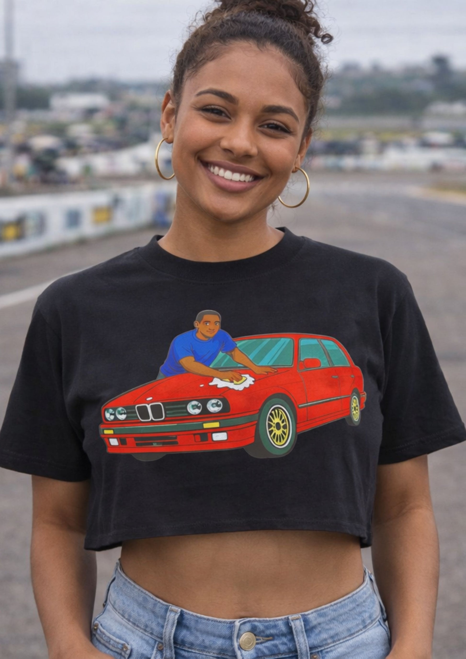alt="black BMW e30 325is Crop top  graphic tee designer streetwear crop top South Africa Brad & Abiah AMEN Coloured African gir racetracks"