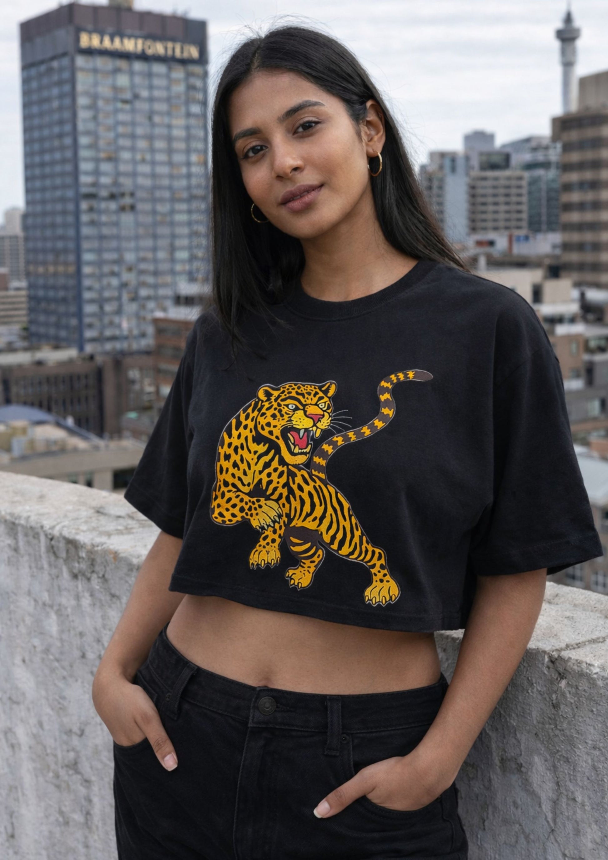 alt="black tiger Crop top  graphic tee designer streetwear crop top South Africa Brad & Abiah AMEN Indian African girl JHB CBD"