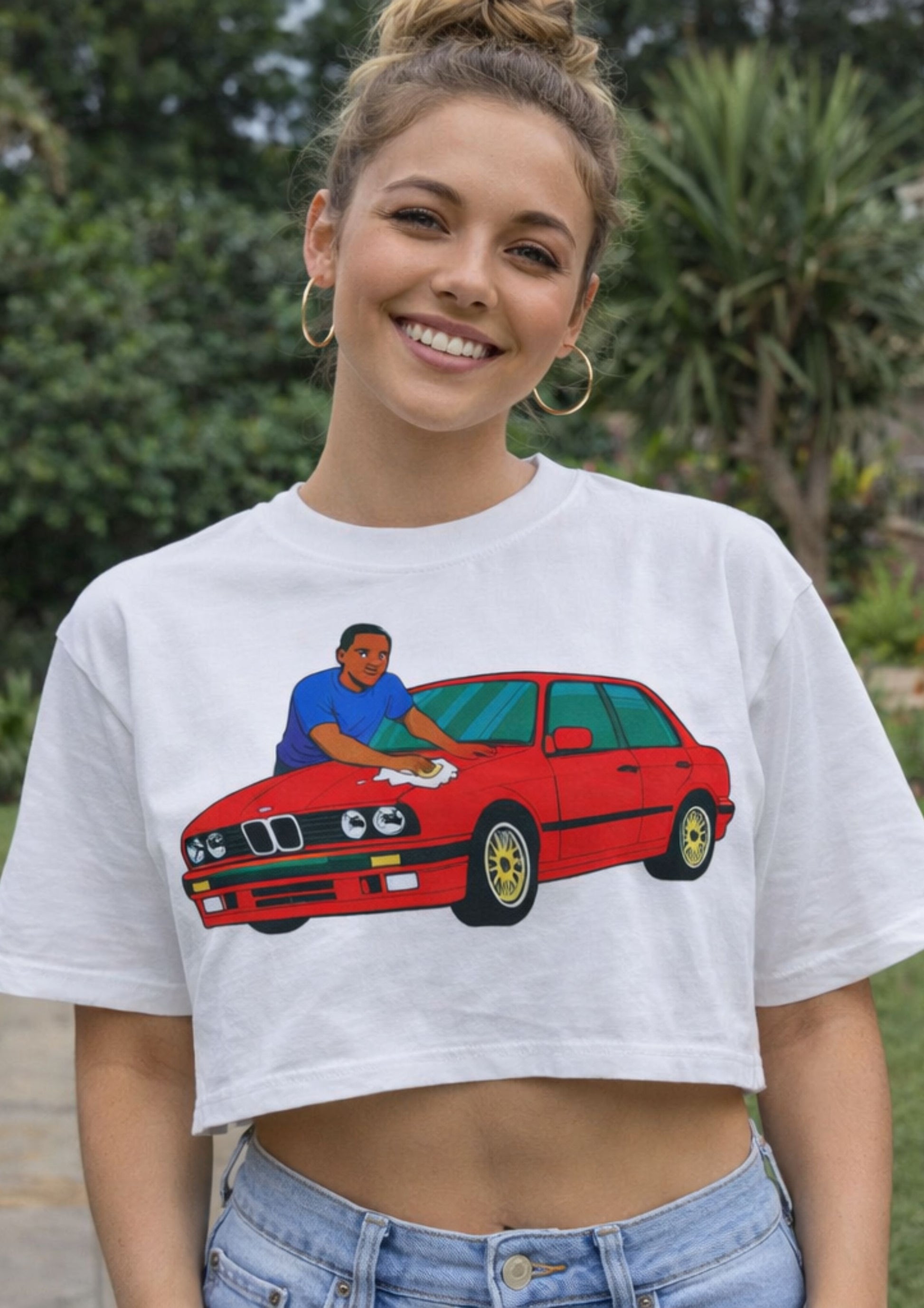 alt="white Carwash e30 325is BMW graphic tee designer streetwear crop top South Africa Brad & Abiah AMEN white girl"