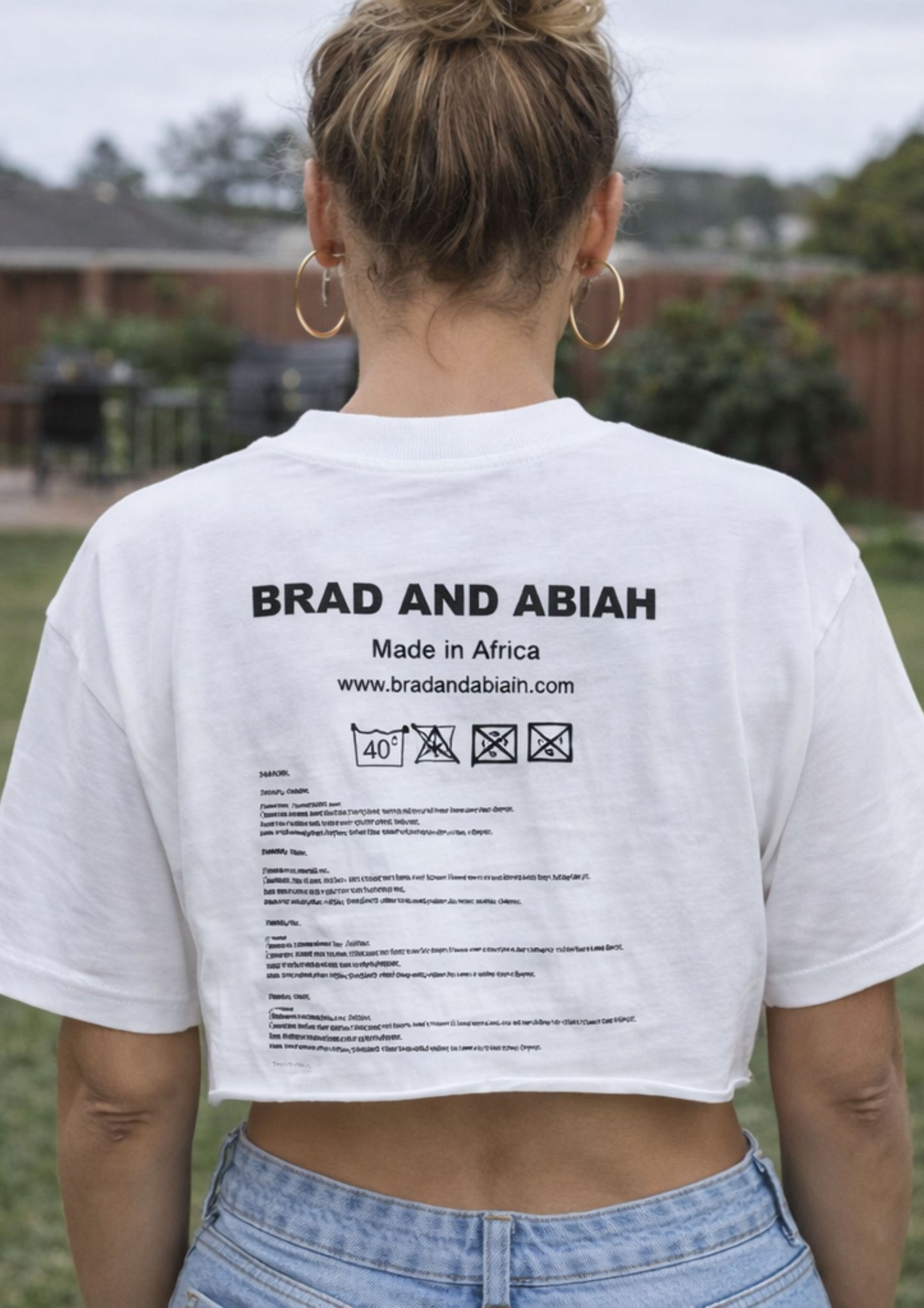 alt="white Carwash e30 325is BMW graphic tee designer streetwear crop top back South Africa Brad & Abiah AMEN white girl"