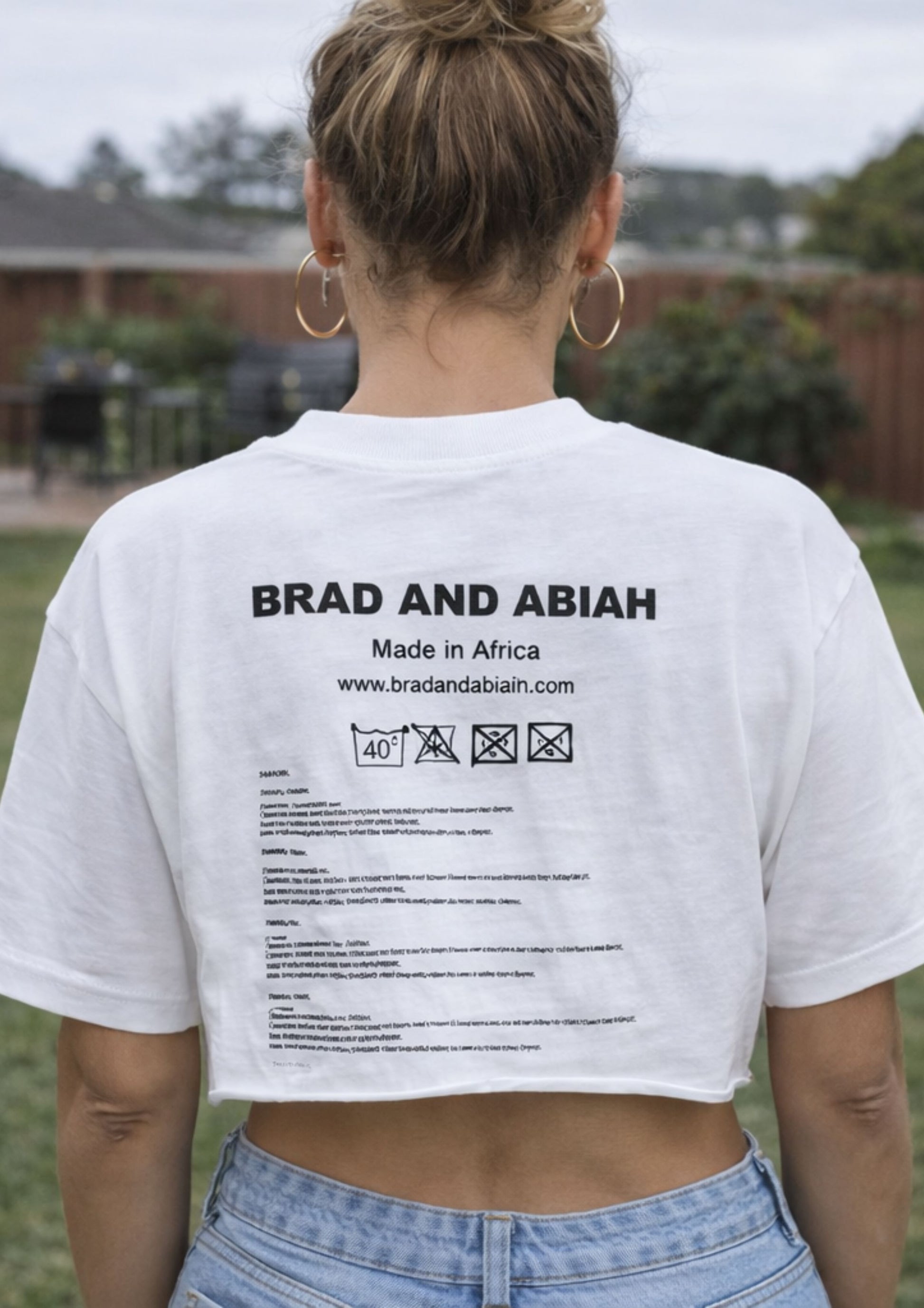 alt="white Carwash e30 325is BMW graphic tee designer streetwear crop top back South Africa Brad & Abiah AMEN white girl"