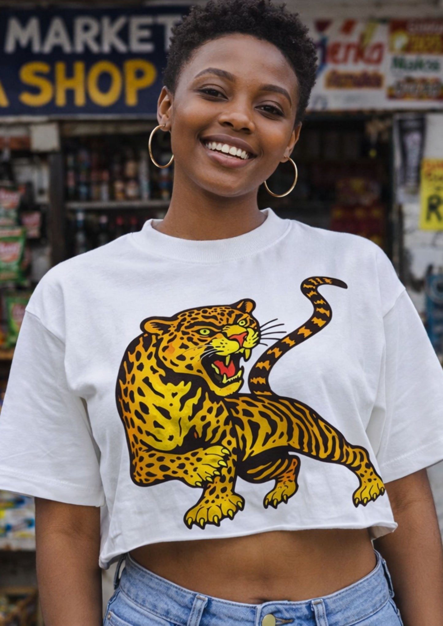 alt="white Tiger graphic tee designer streetwear crop top South Africa Brad & Abiah AMEN African black girl"